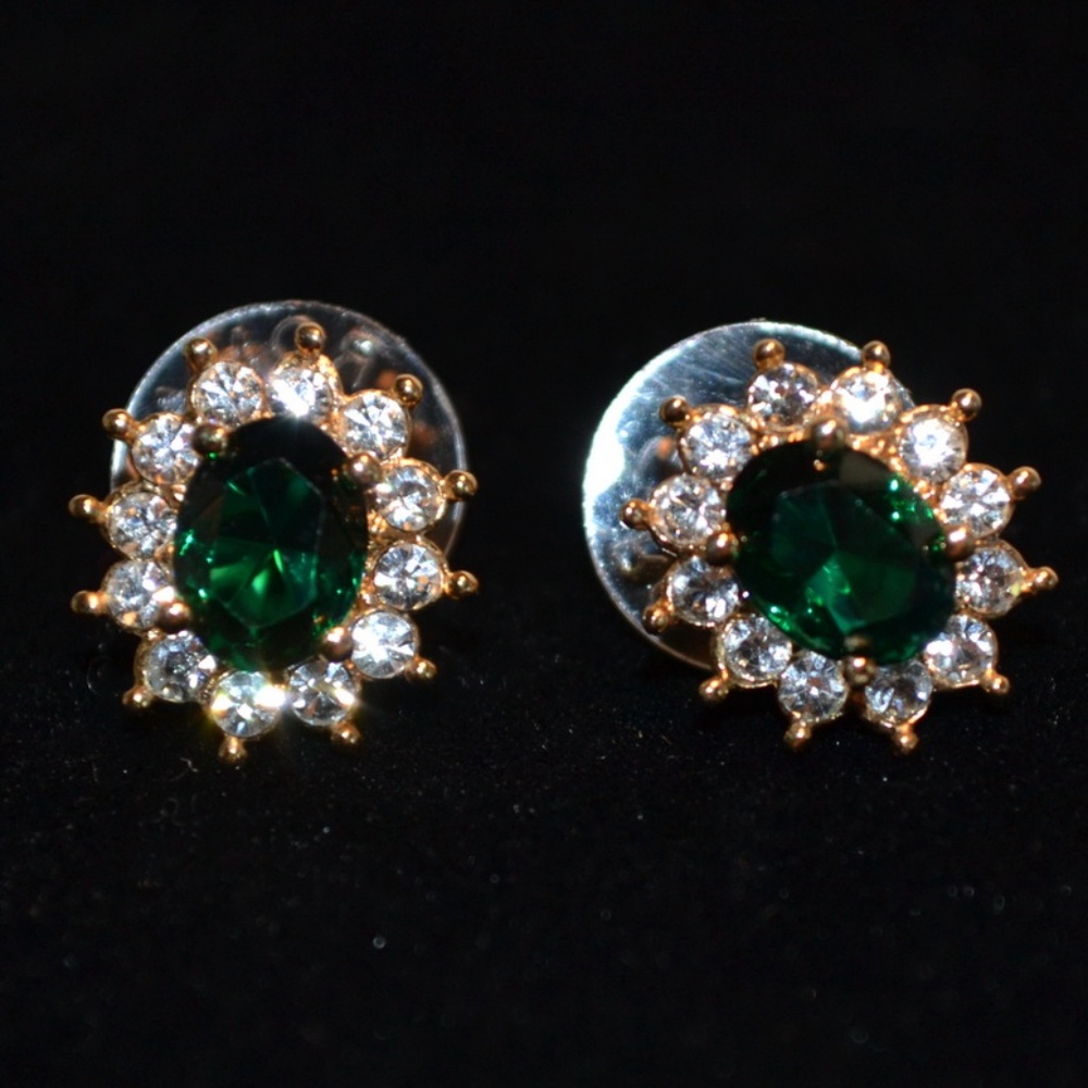 Emerald Green Rhinestone Earrings signed ROMAN